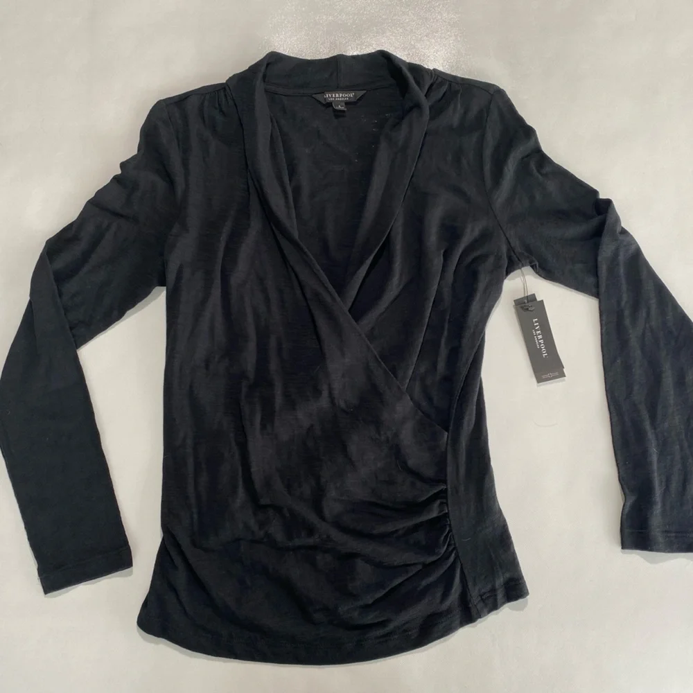 NEW Size M Women's Liverpool Los Angeles Faux Wrap Top Blouse Shirt Black $59 - Picture 2 of 4
